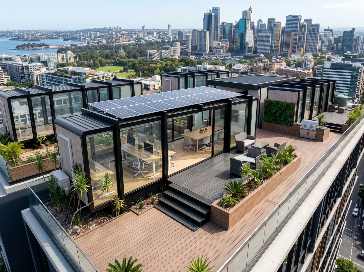 Dark clad rooftop office pod with solar panels