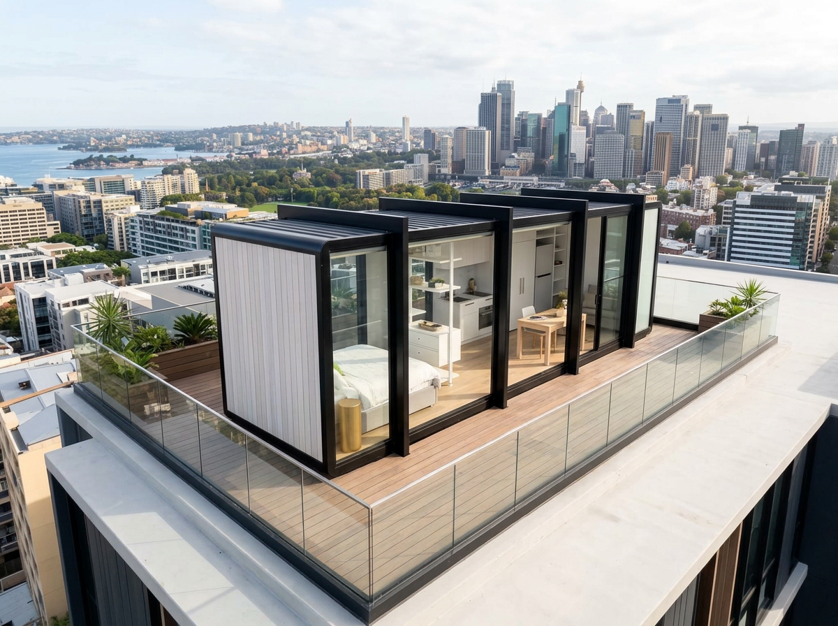 Compact white modular studio pod on a Brisbane rooftop