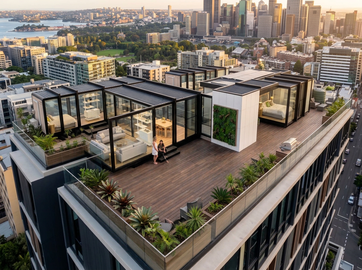 Rooftop villa pod with timber deck in Pyrmont